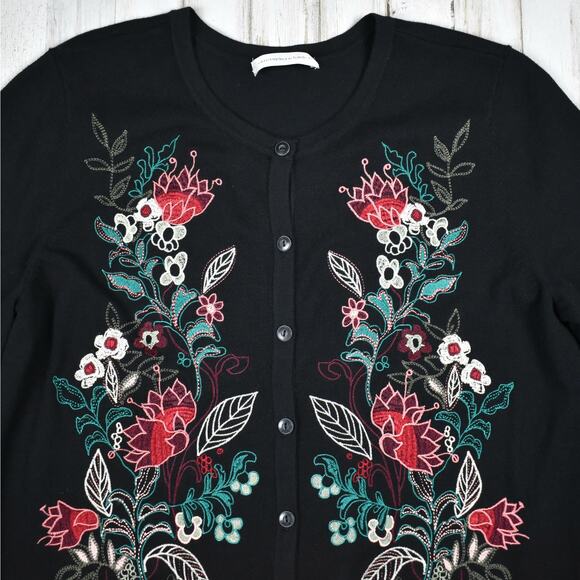 Christopher & Banks black floral embroidered 3/4 sleeve button up cardigan LARGE - Picture 2 of 6